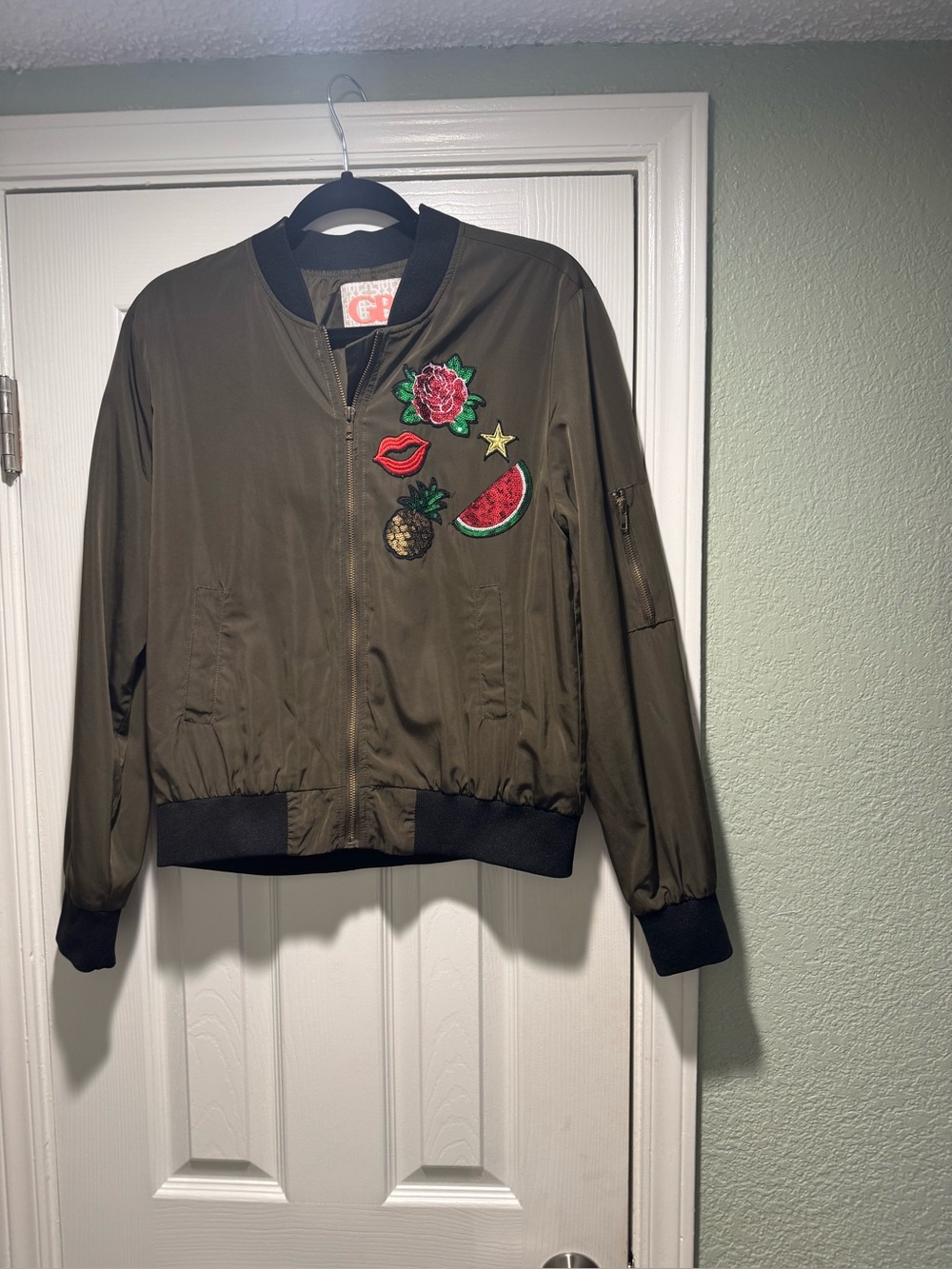 Olive Green Sequined Embroidered Bomber Jacket GB Dillards Excellent Size Lg
